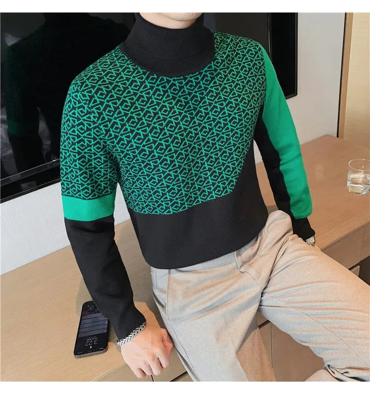 Green Black Geometric Turtleneck Sweater