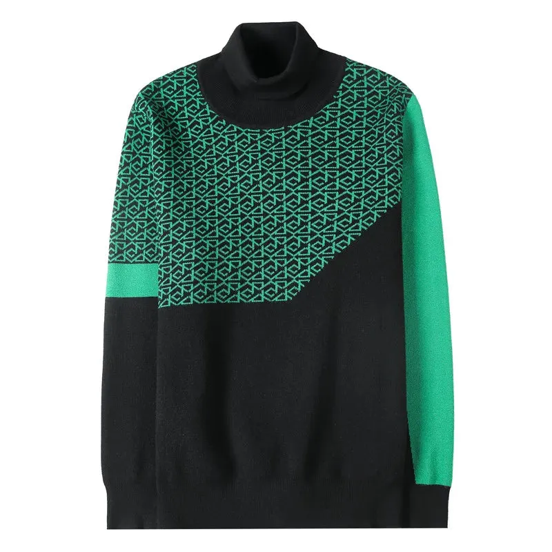 Green Black Geometric Turtleneck Sweater