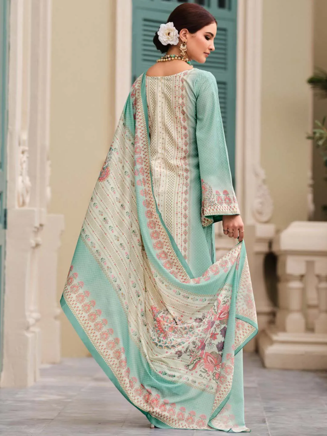 Green Cotton Printed Unstitched Women Salwar Suit Fabric