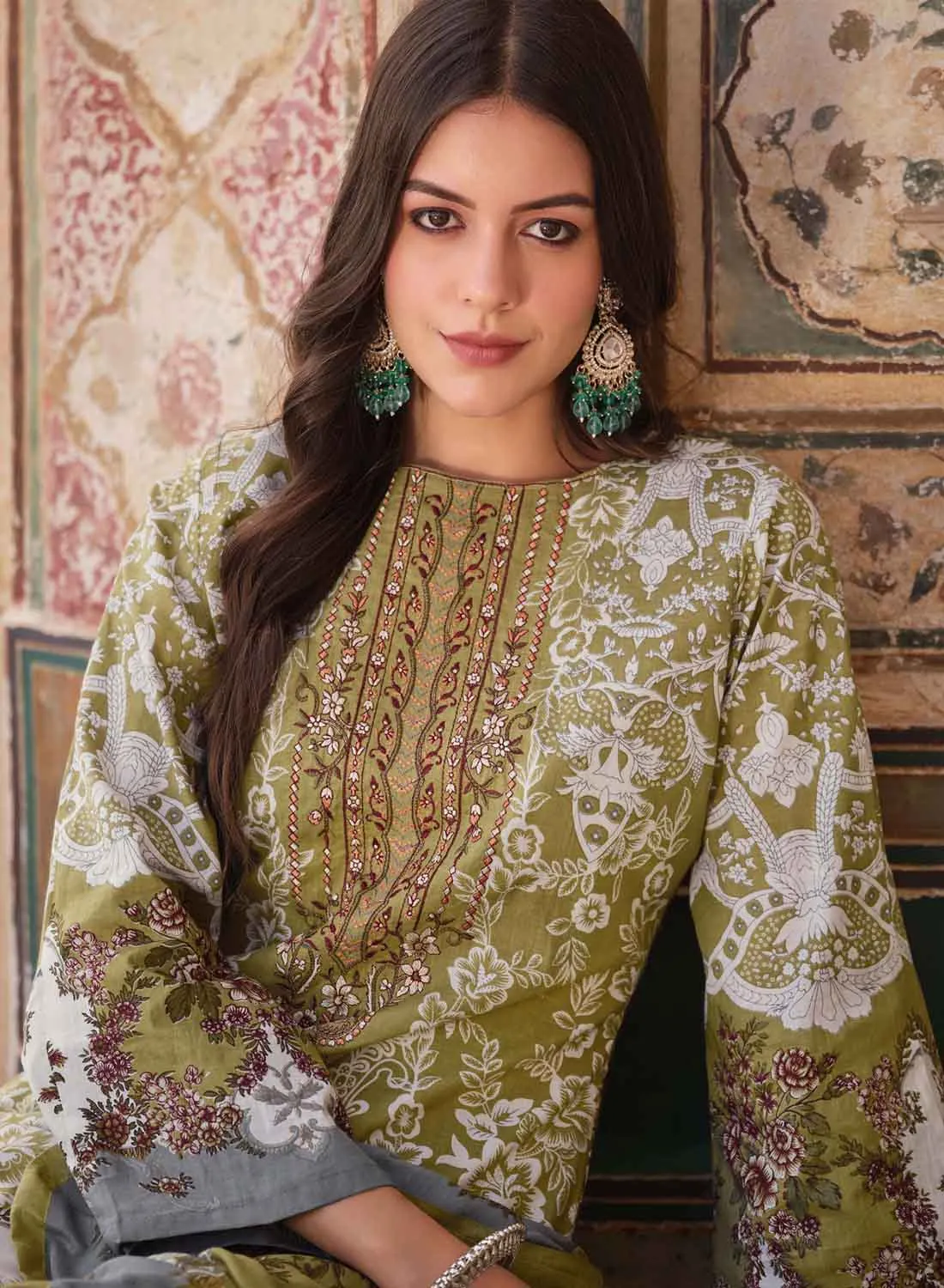 Green Pakistani Print Unstitched Cotton Suit Material for Women