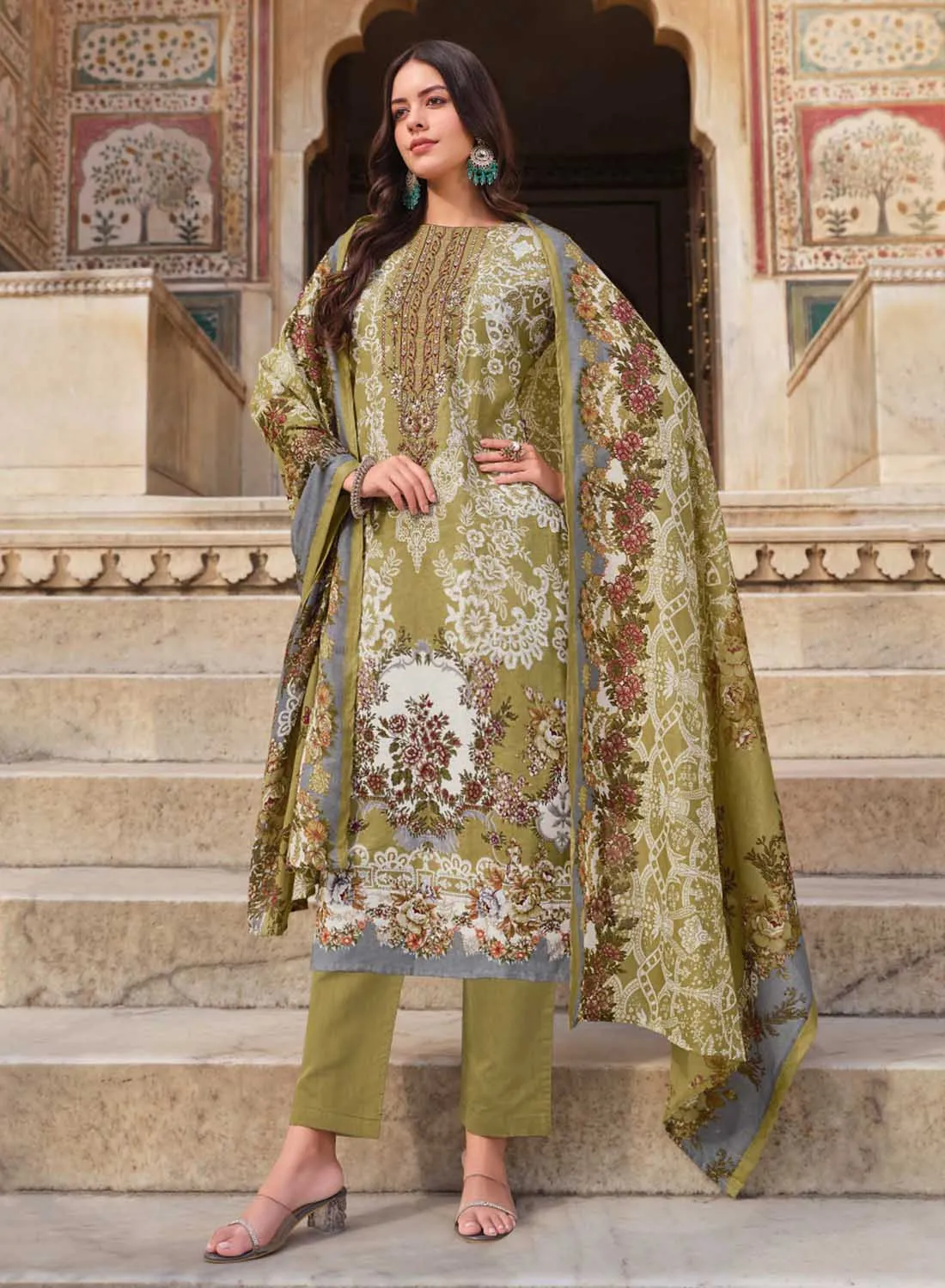 Green Pakistani Print Unstitched Cotton Suit Material for Women