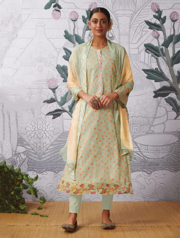 Green Pure Cotton Lawn Unstitched Suit Dress Material for Women