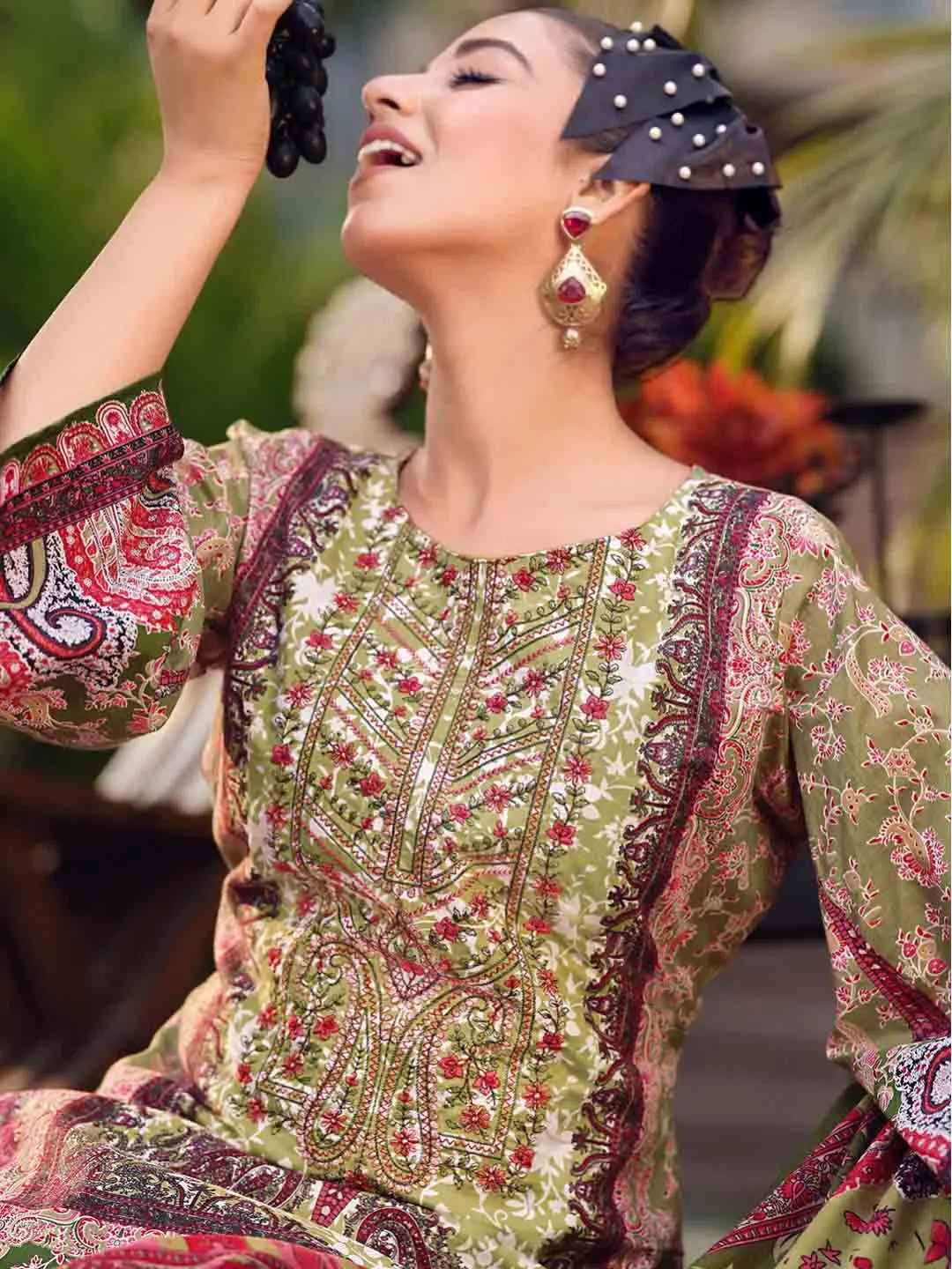 Green Unstitched Pure Cotton Pakistani Print Suit Material with Embroidery