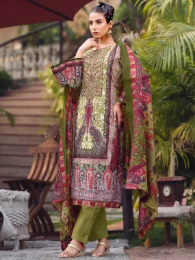 Green Unstitched Pure Cotton Pakistani Print Suit Material with Embroidery