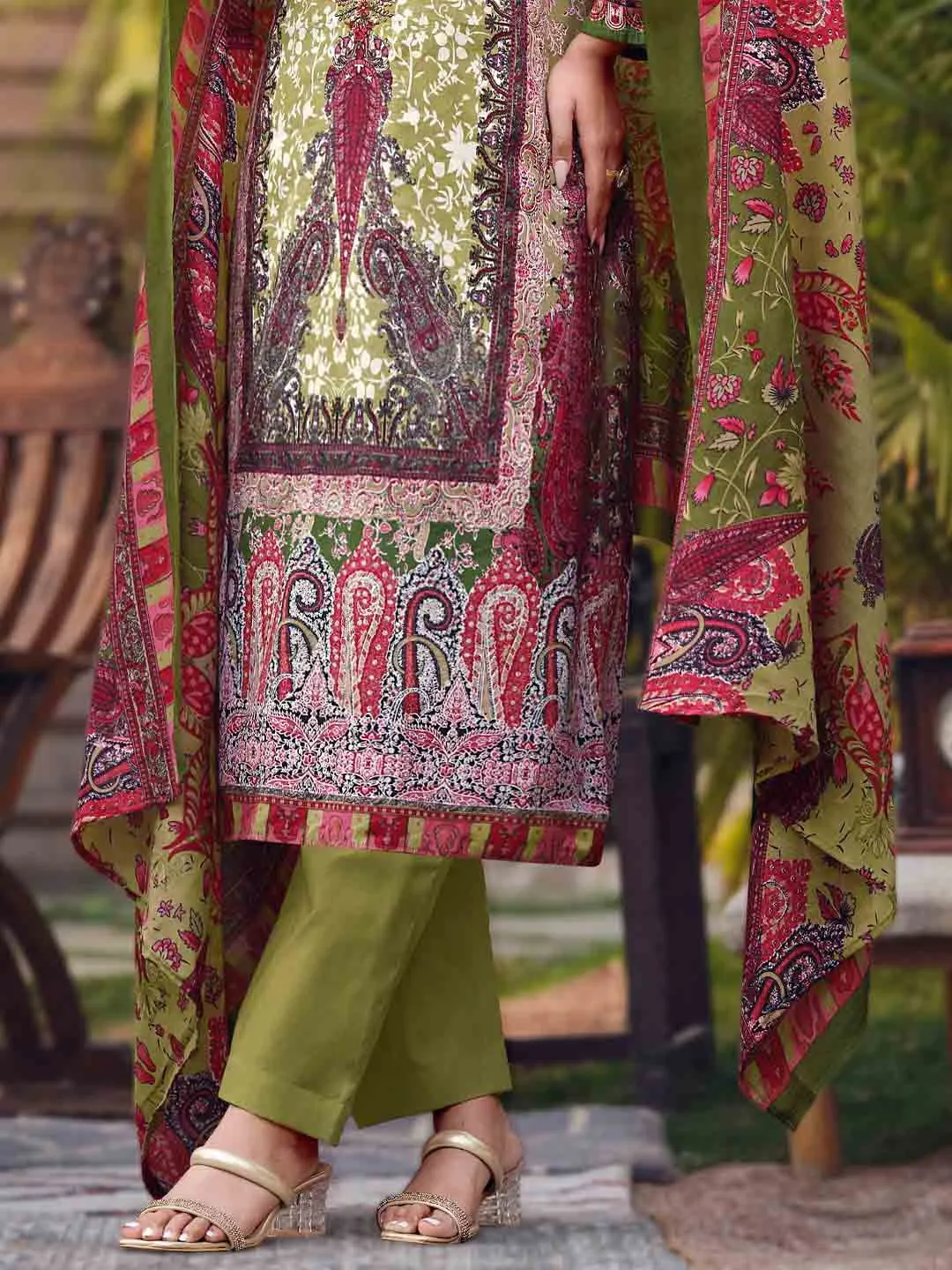 Green Unstitched Pure Cotton Pakistani Print Suit Material with Embroidery