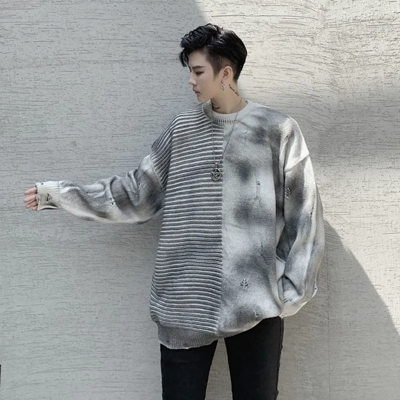 Half Splice Hip Hop Vintage Loose Casual Men Sweater