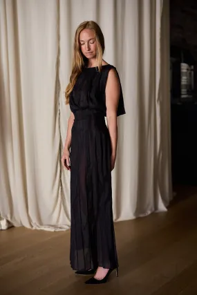 Hand Pleated Column Dress | Black Cotton Silk Voile