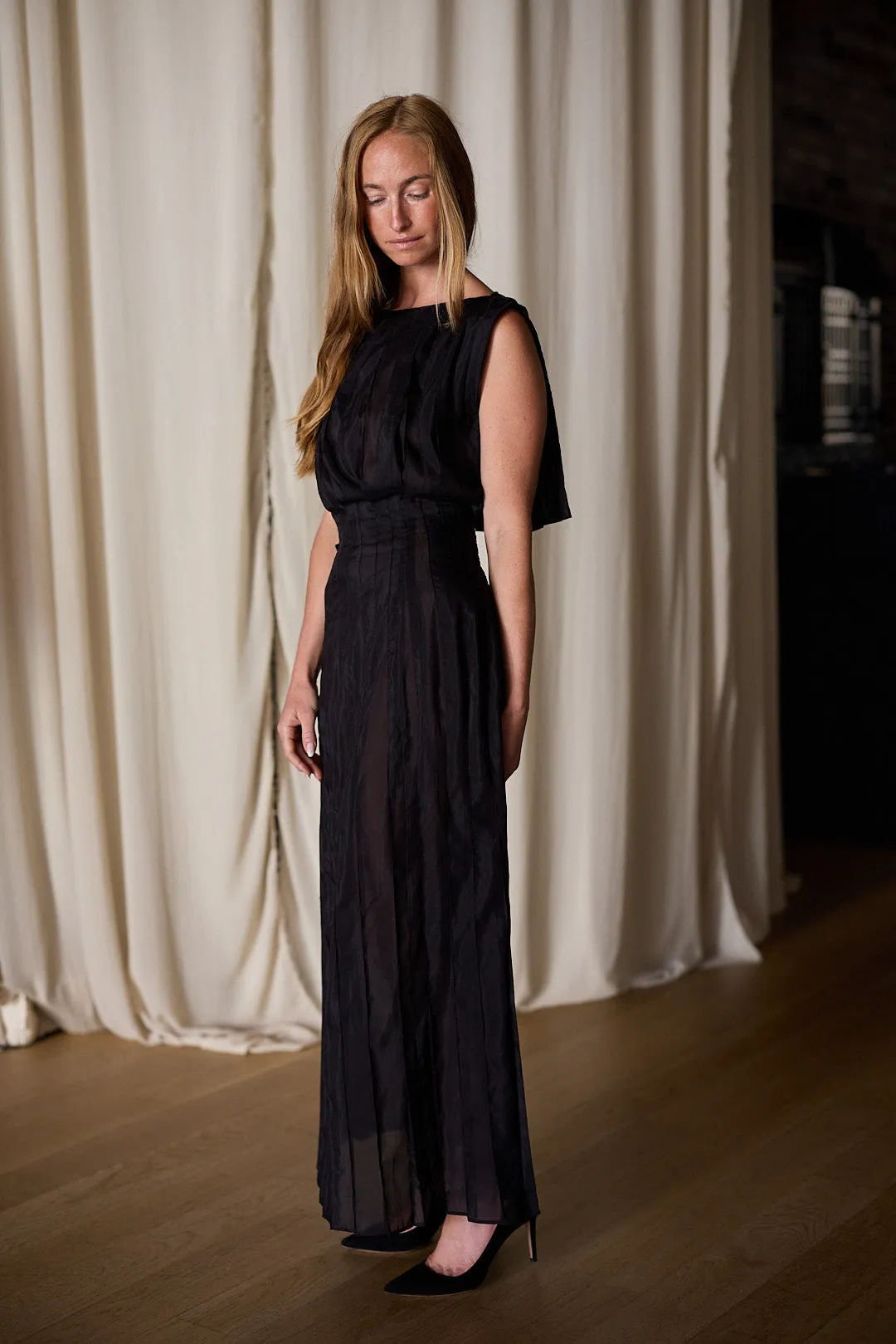 Hand Pleated Column Dress | Black Cotton Silk Voile