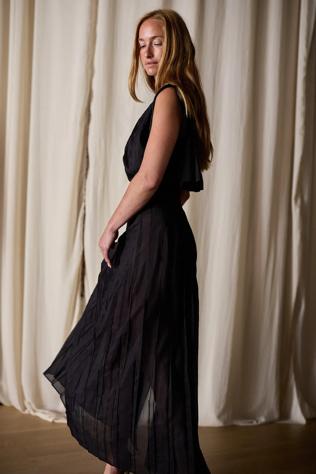 Hand Pleated Column Dress | Black Cotton Silk Voile