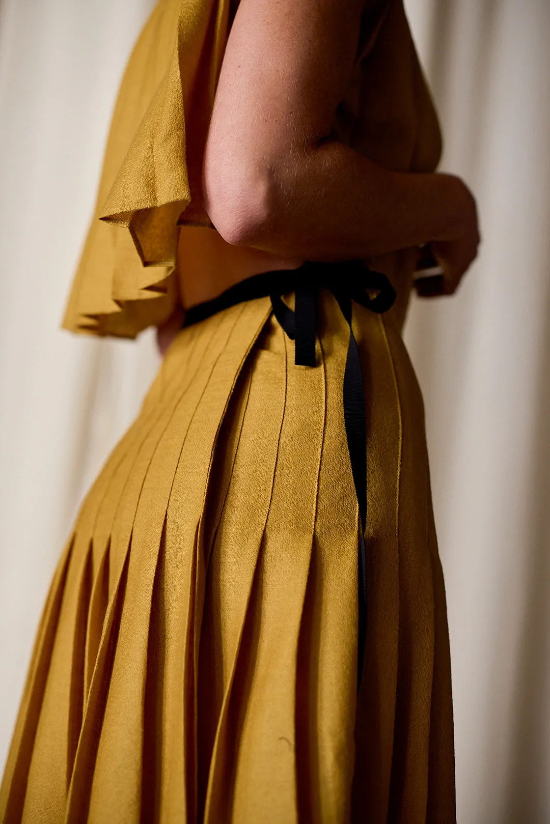 Hand Pleated Column Dress | Japanese Wool Gauze Gold