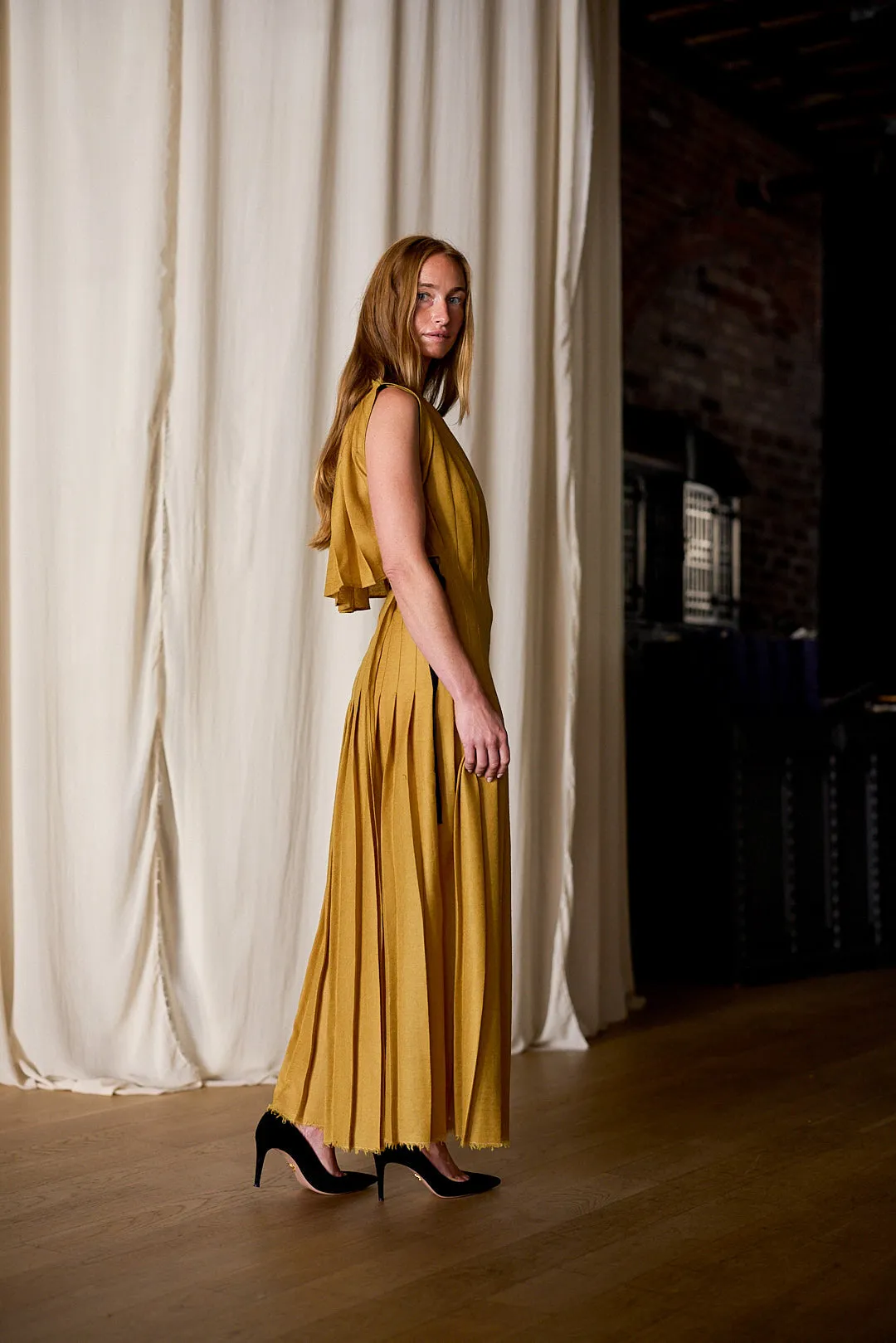 Hand Pleated Column Dress | Japanese Wool Gauze Gold