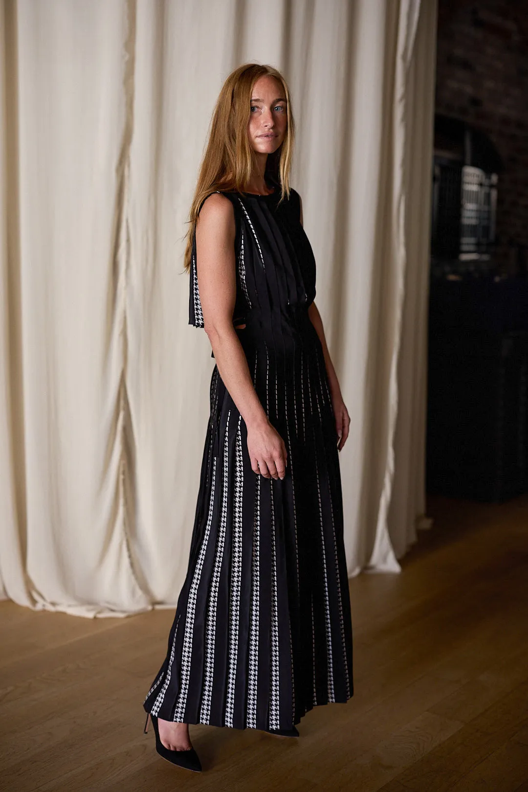 Hand Pleated Column Dress Reversible | Custom Houndstooth Stripe