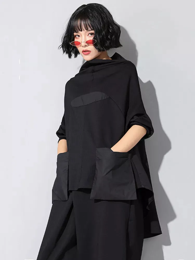 HEYFANCYSTYLE Black Pocket Irregular Oversized Shirt