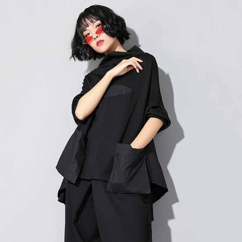 HEYFANCYSTYLE Black Pocket Irregular Oversized Shirt