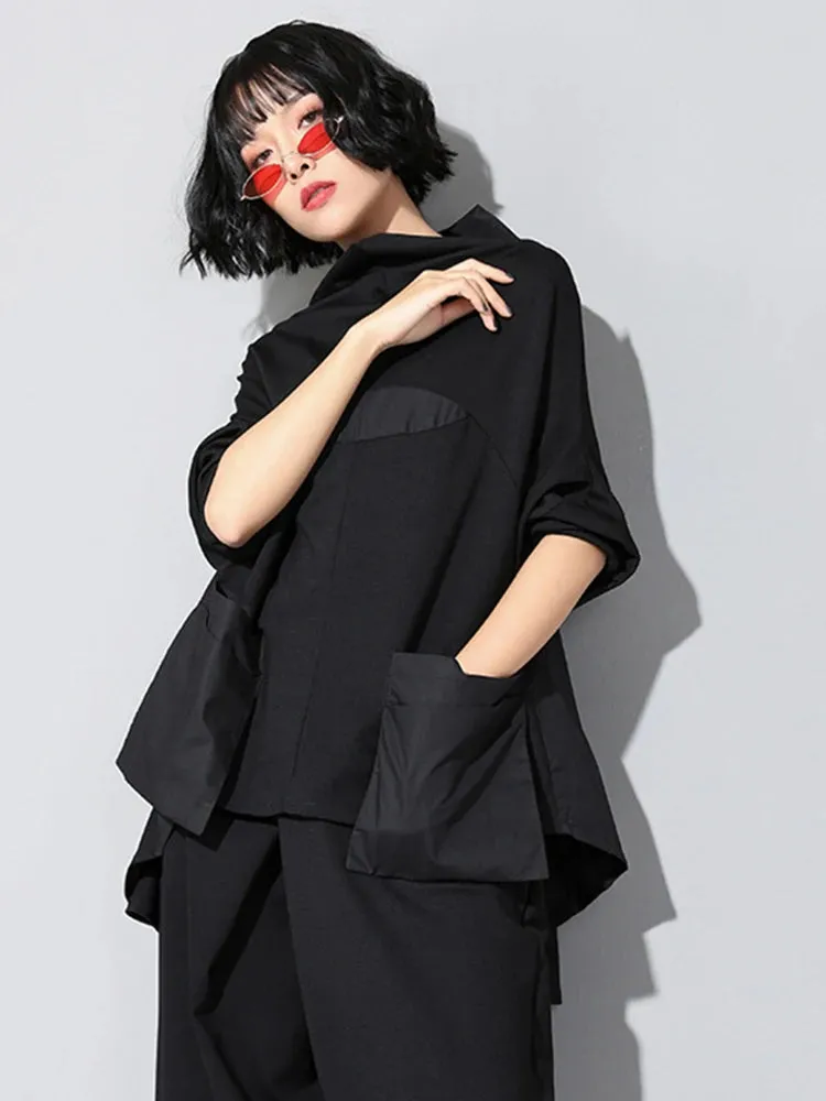 HEYFANCYSTYLE Black Pocket Irregular Oversized Shirt