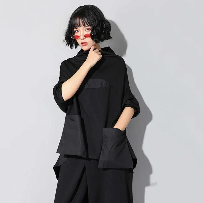 HEYFANCYSTYLE Black Pocket Irregular Oversized Shirt