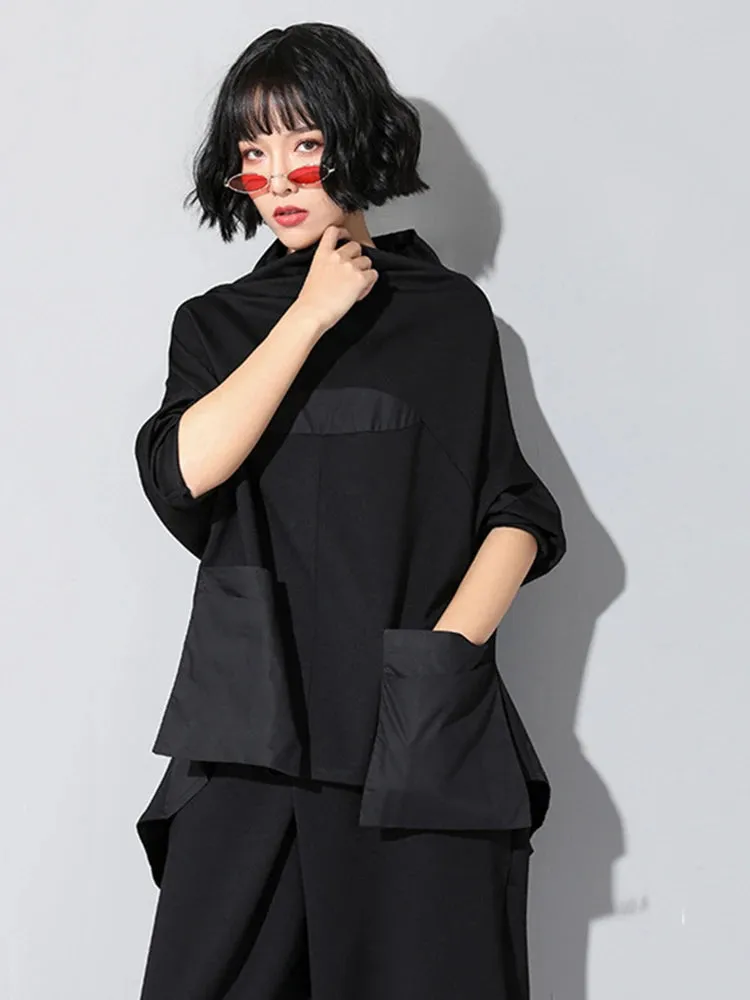 HEYFANCYSTYLE Black Pocket Irregular Oversized Shirt