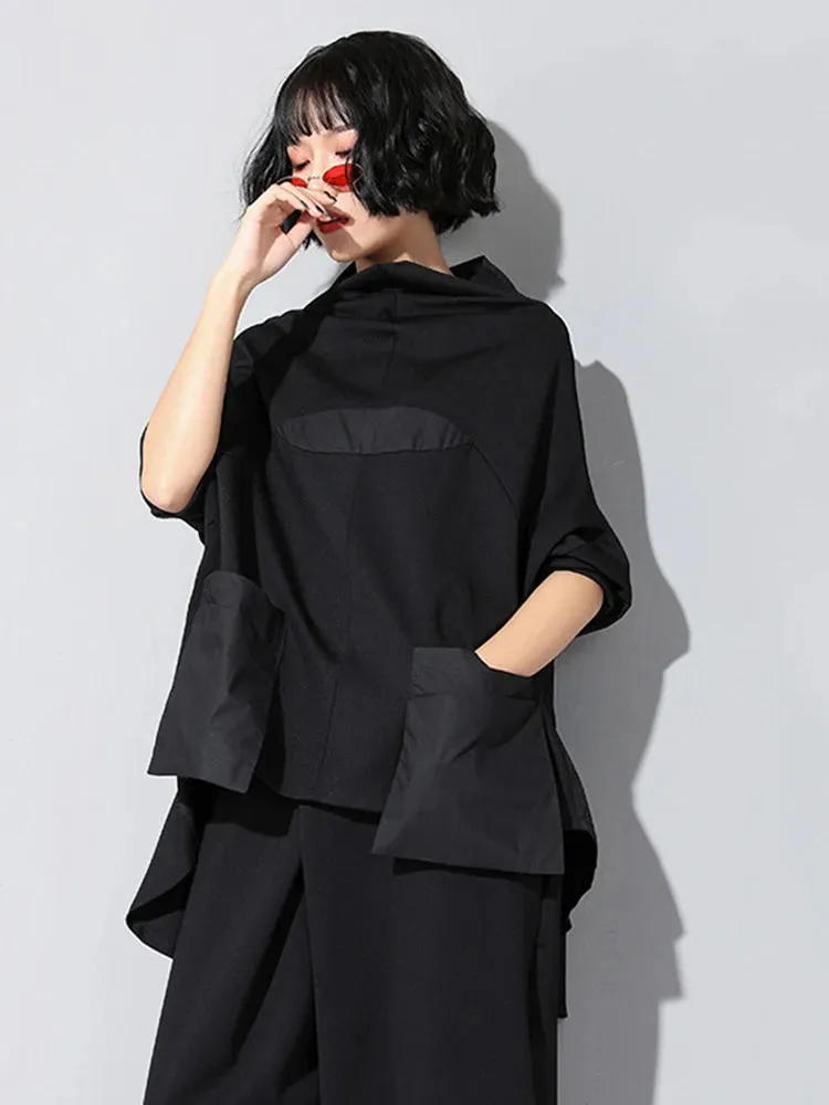 HEYFANCYSTYLE Black Pocket Irregular Oversized Shirt