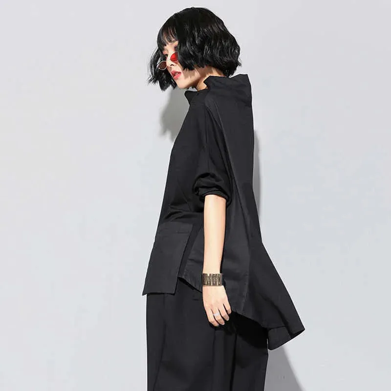 HEYFANCYSTYLE Black Pocket Irregular Oversized Shirt