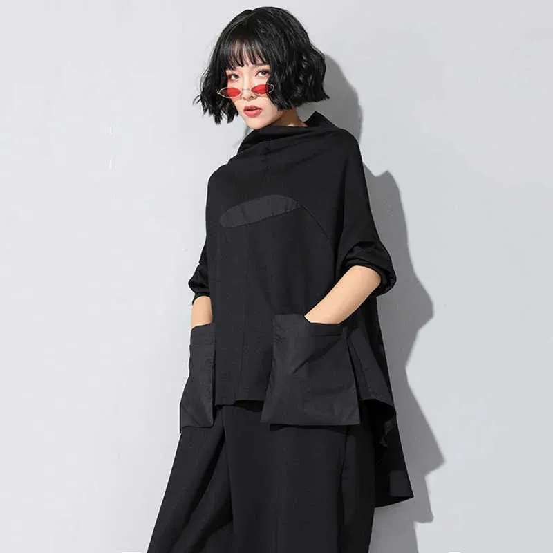 HEYFANCYSTYLE Black Pocket Irregular Oversized Shirt