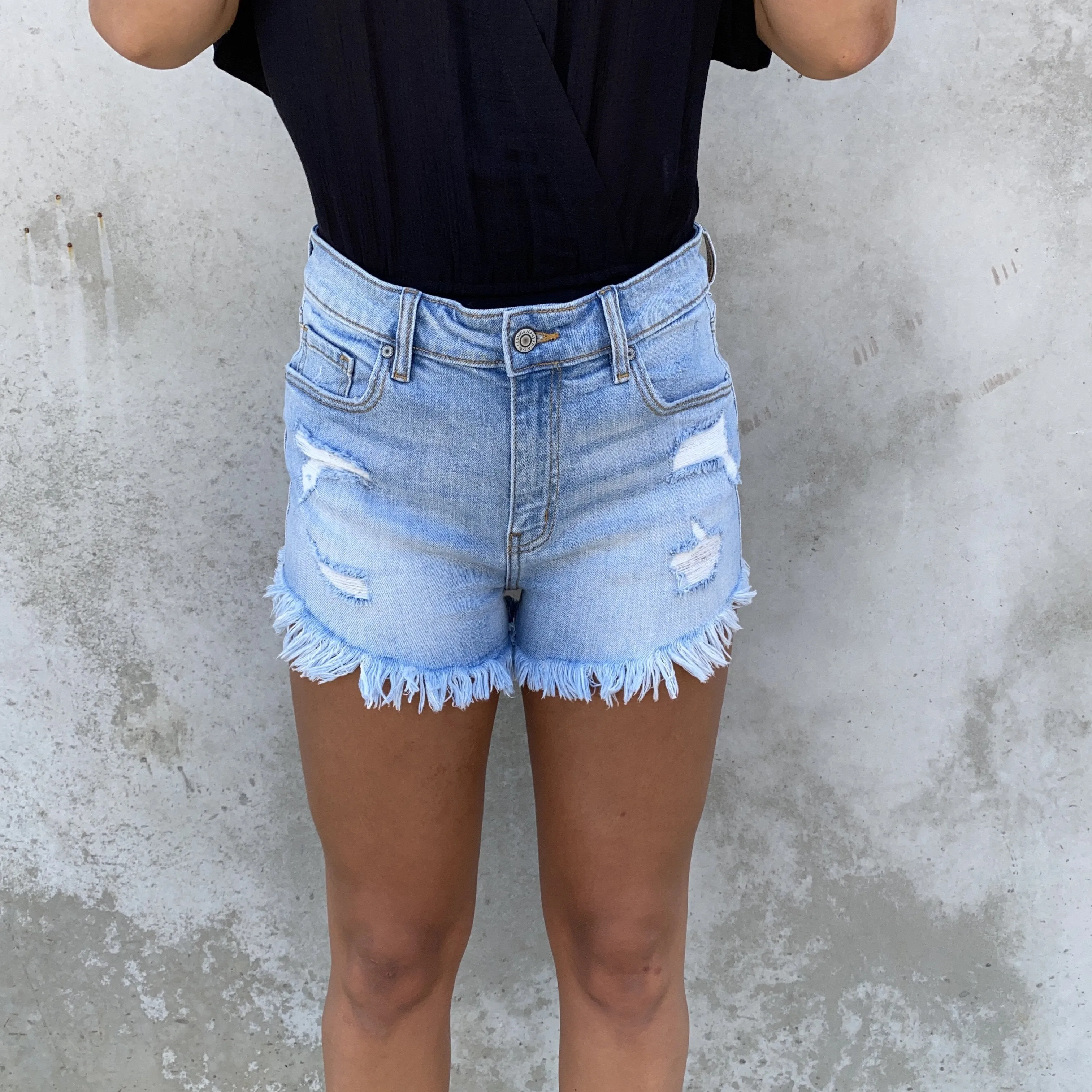 High Waist Distress Denim Shorts in Jacqueline Blue