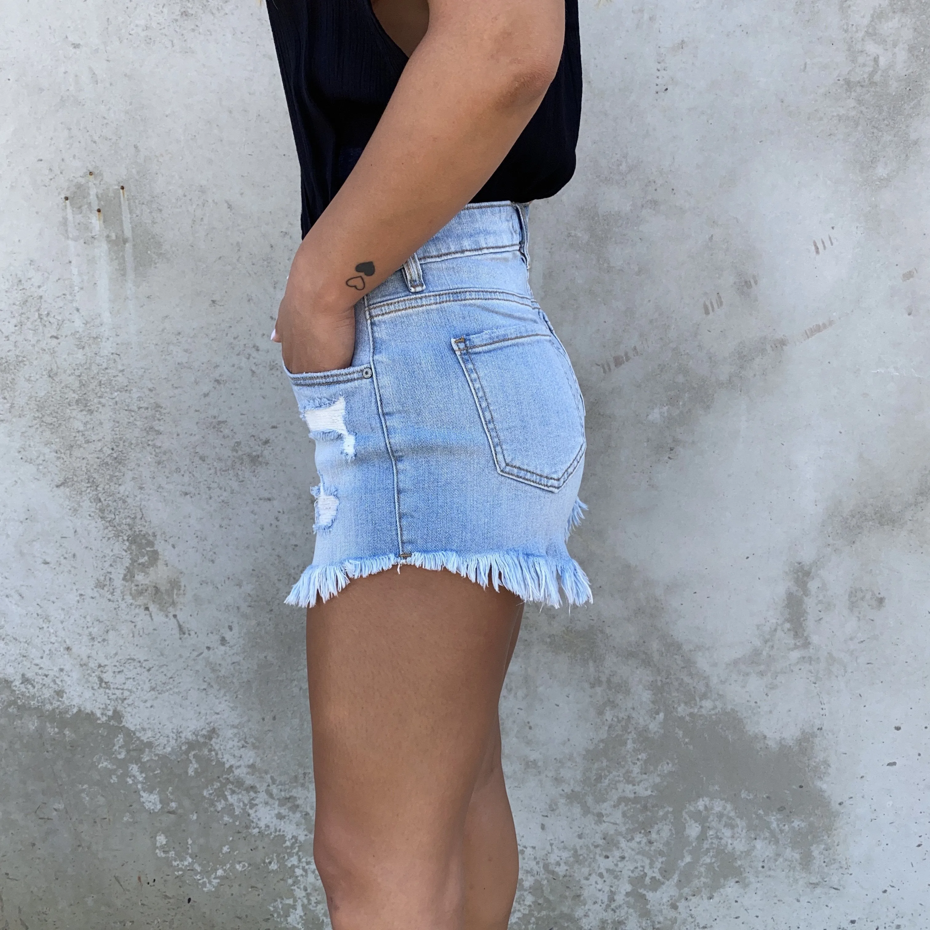 High Waist Distress Denim Shorts in Jacqueline Blue