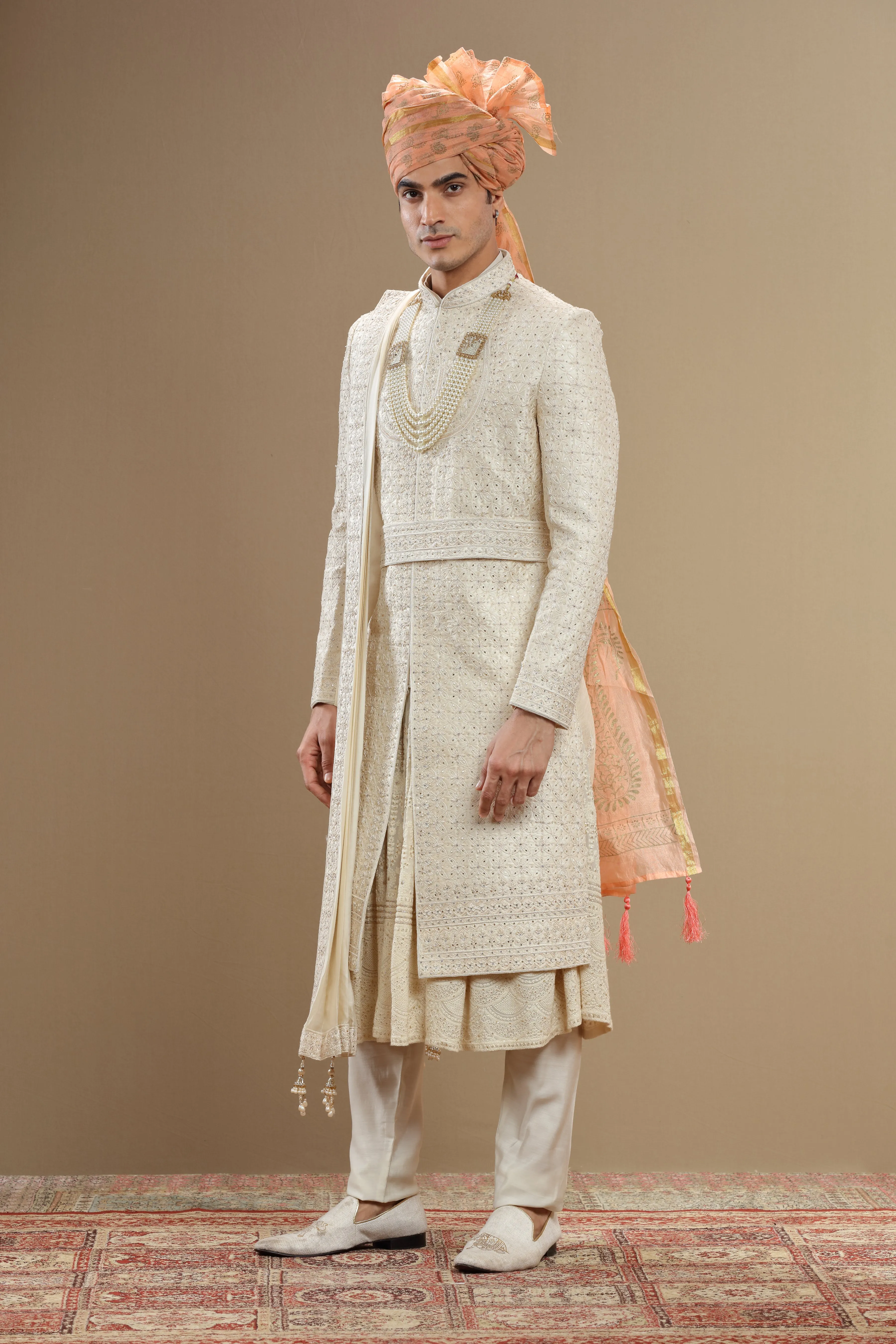 Ivory floral embroidered sherwani set with anarkali and dupatta