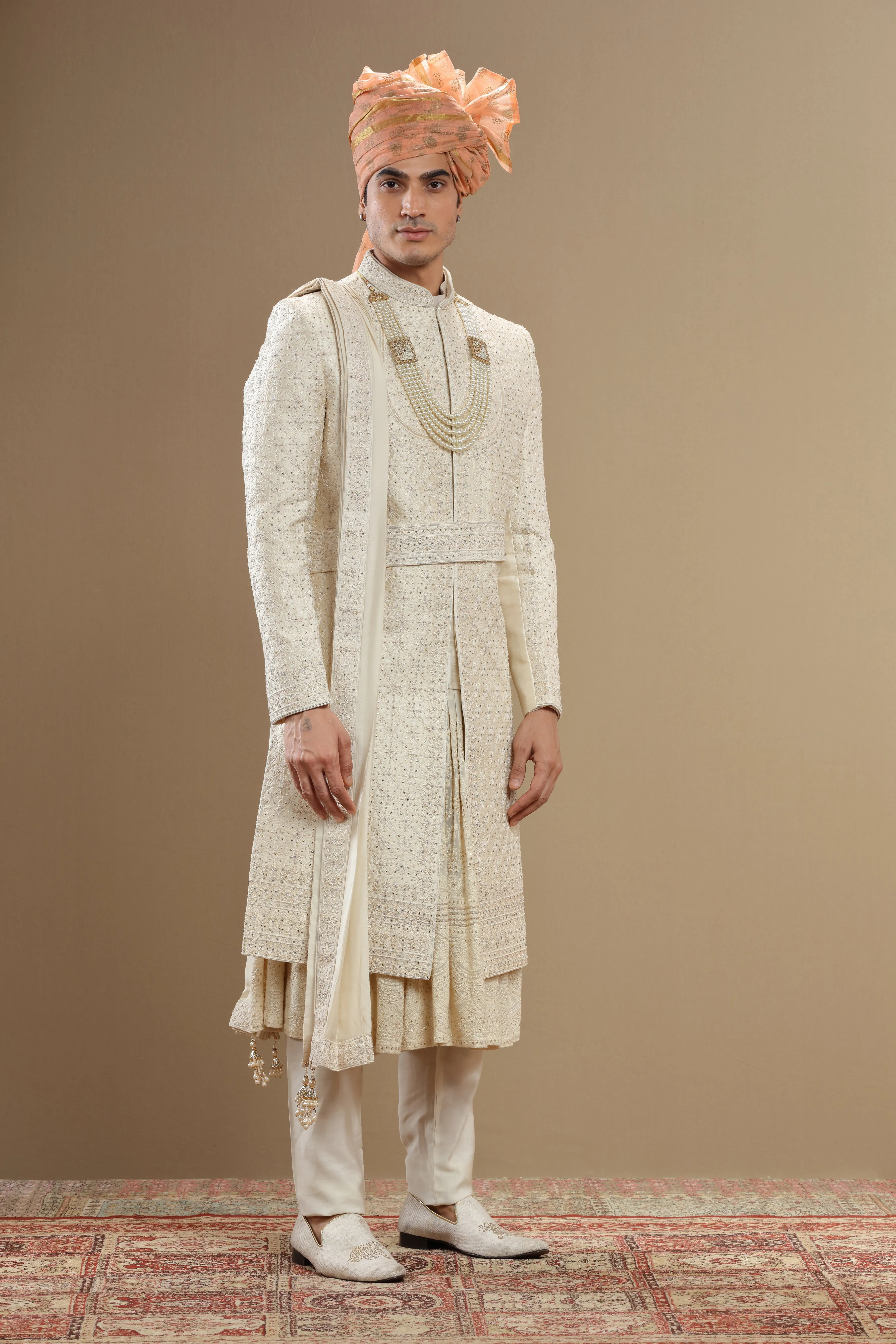 Ivory floral embroidered sherwani set with anarkali and dupatta