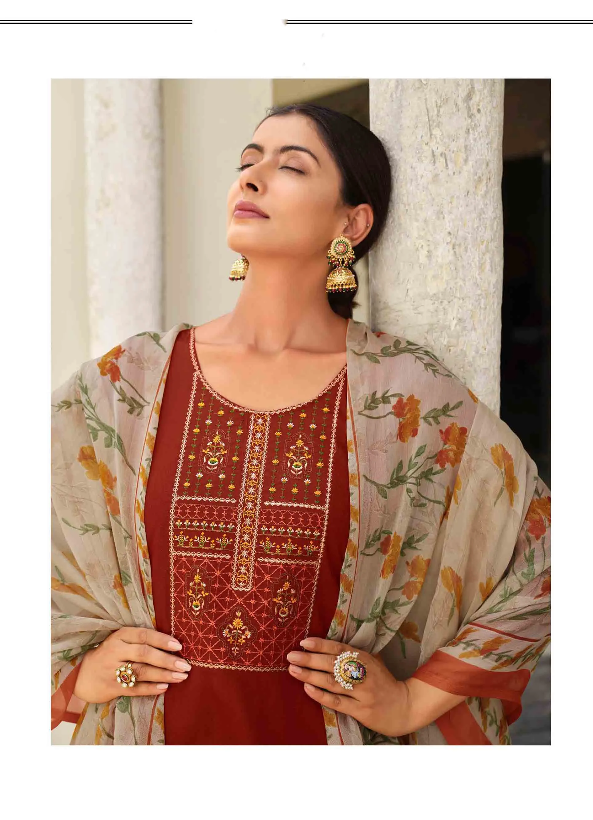 Jam Cotton Unstitched Rust Red Women Suits Material with Embroidery