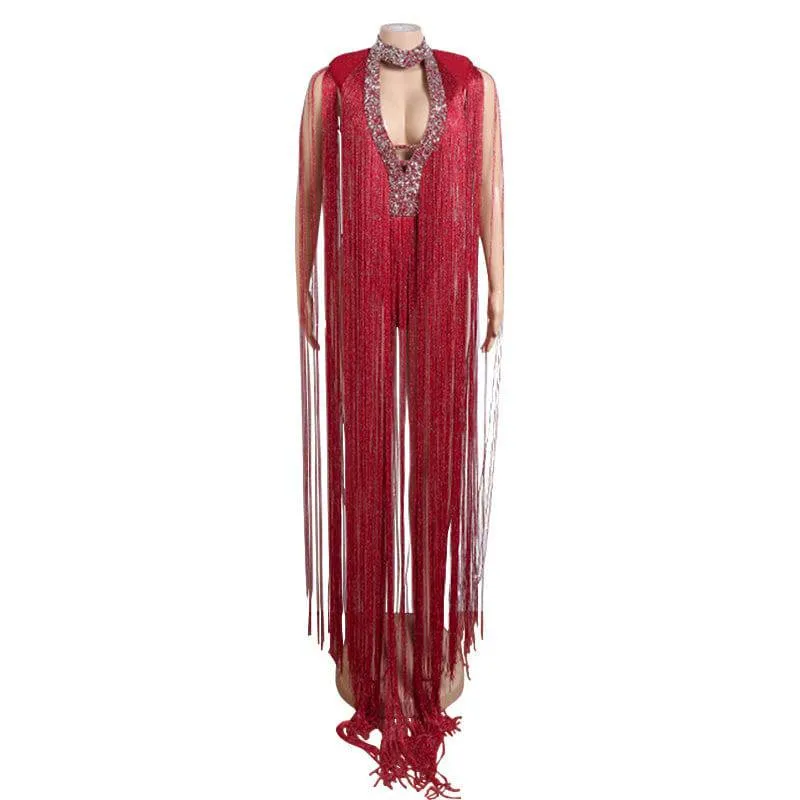 Jiordana V Neck Fringe body suit