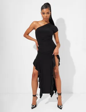 Kaiia Asymmetric Ruched Maxi Dress in Black