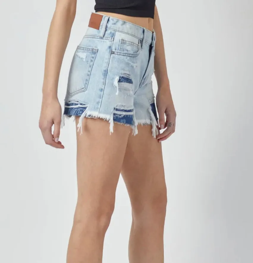 Kenzie LIGHT WASH BANDANA PRINT DISTRESSED MID RISE SHORTS