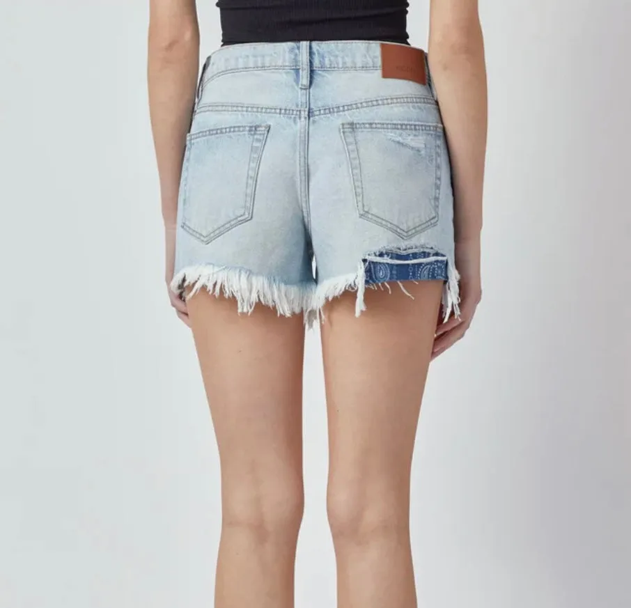 Kenzie LIGHT WASH BANDANA PRINT DISTRESSED MID RISE SHORTS