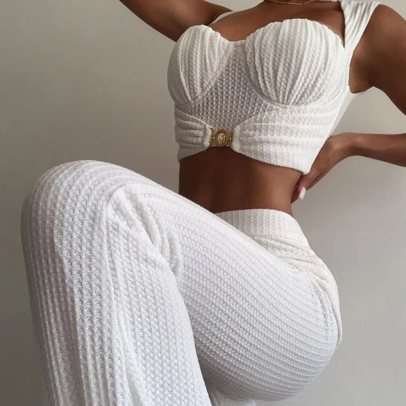 Knitted Solid Crop Tank Top and Trousers two Piece Suit