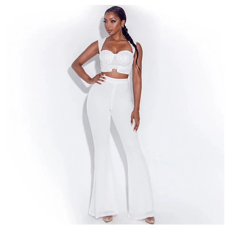 Knitted Solid Crop Tank Top and Trousers two Piece Suit