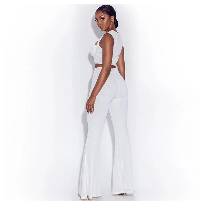 Knitted Solid Crop Tank Top and Trousers two Piece Suit