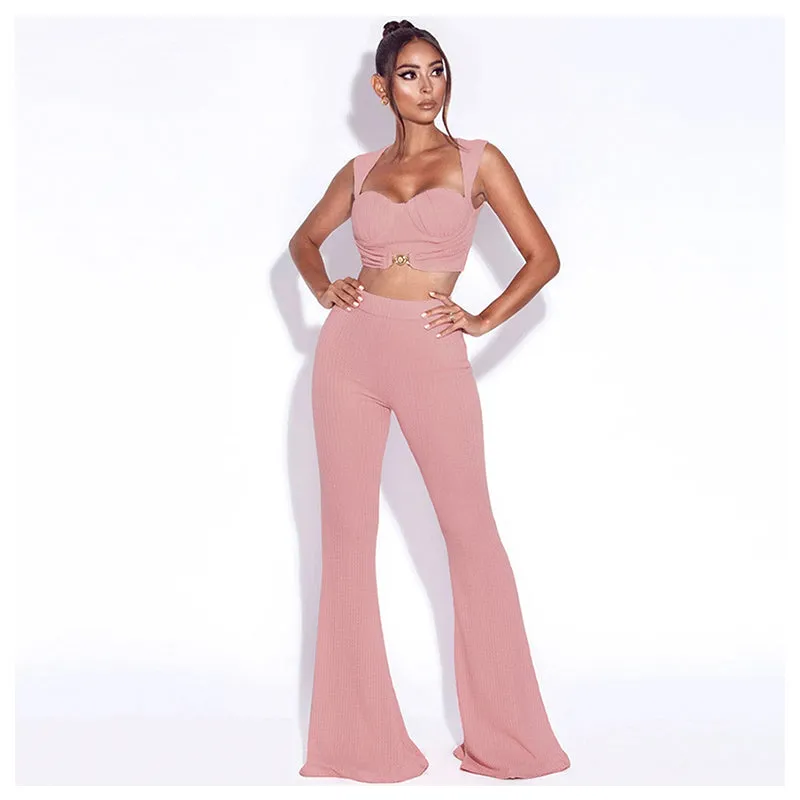 Knitted Solid Crop Tank Top and Trousers two Piece Suit