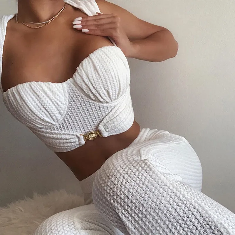 Knitted Solid Crop Tank Top and Trousers two Piece Suit