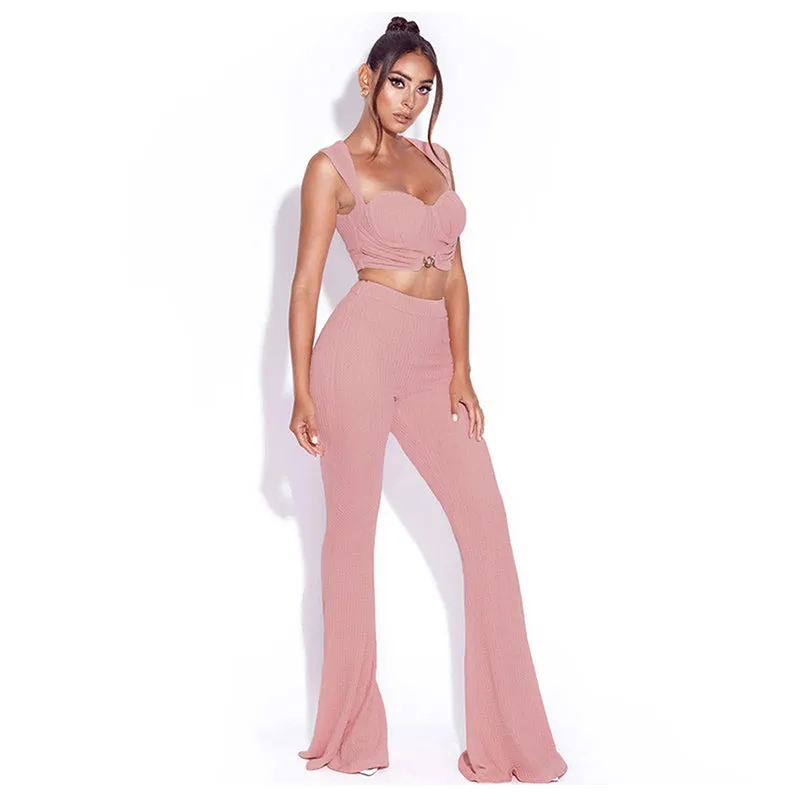 Knitted Solid Crop Tank Top and Trousers two Piece Suit