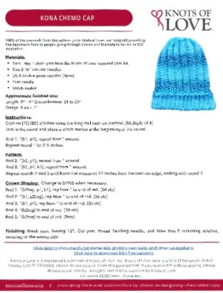 Kona ~ Knit Chemo Cap Pattern by Knots of Love