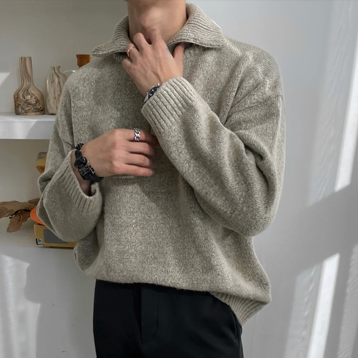 [Korean Style] 3 Colors Wool Zip Pullover Sweaters