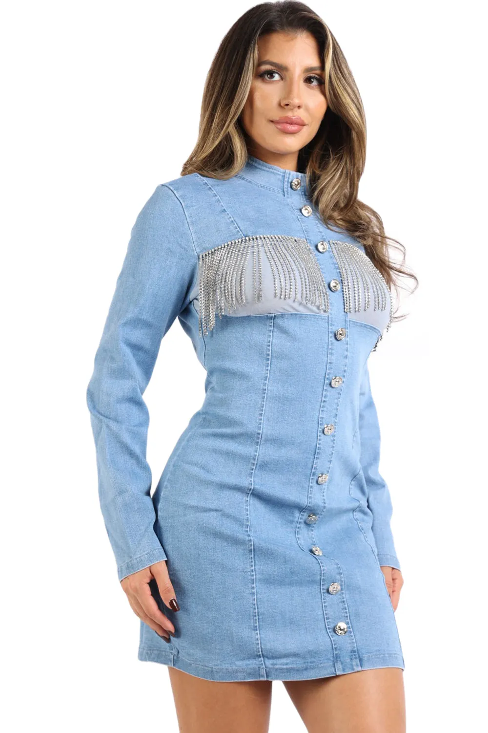 KTOO Women's Denim Dress with Rhinestone Fringe