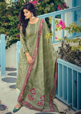 Latest Pure Muslin Party Wear Unstitched Women Salwar Suit Green