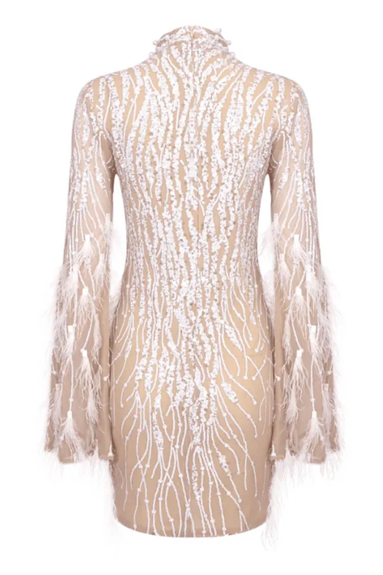 Lavish Feather Beaded Mock Neck Sheer Mesh Sequin Party Mini Dress