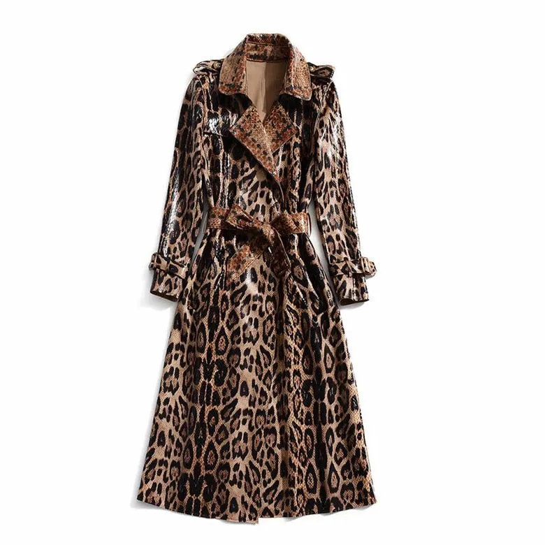 Long Sleeve Lapel Leopard Print  Lace-Up Trench Coat