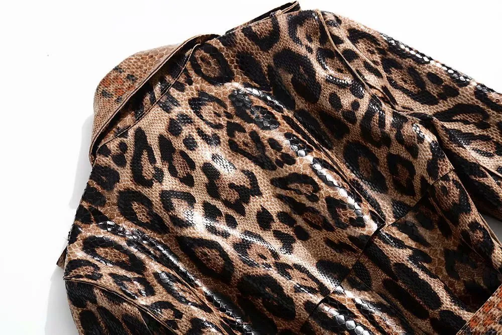 Long Sleeve Lapel Leopard Print  Lace-Up Trench Coat