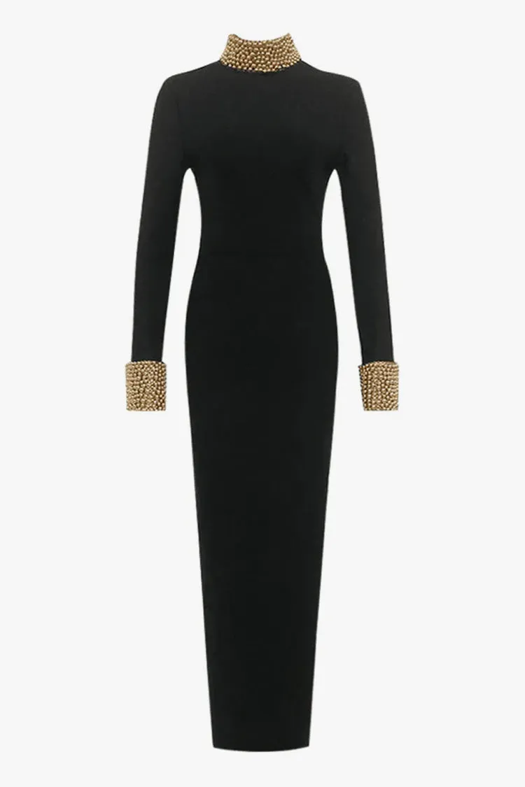 Luxe Gold Faux Pearl High Neck Long Sleeve Cutout Bandage Evening Maxi Dress