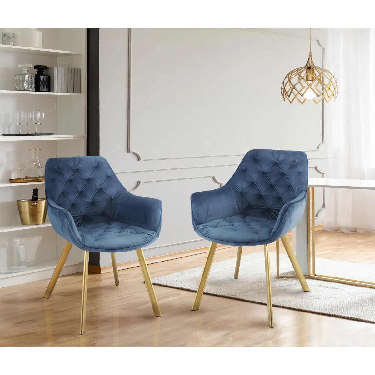 Luxury Blue Velvet Arm Chair with Gold Legs - Set of 2