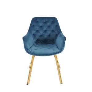 Luxury Blue Velvet Arm Chair with Gold Legs - Set of 2