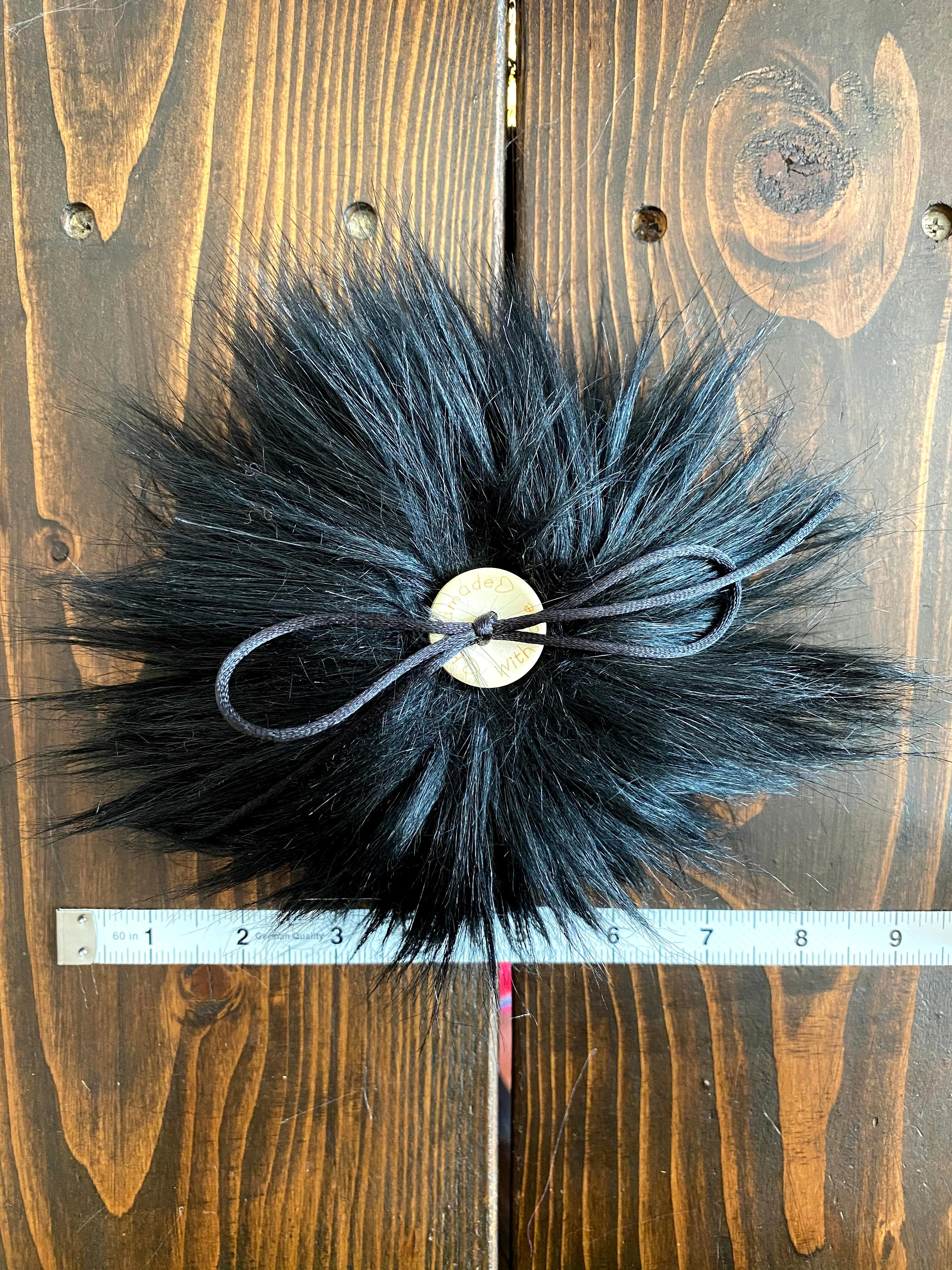 MADE TO ORDER Fun and funky long pile black faux fur pom pom with wooden button